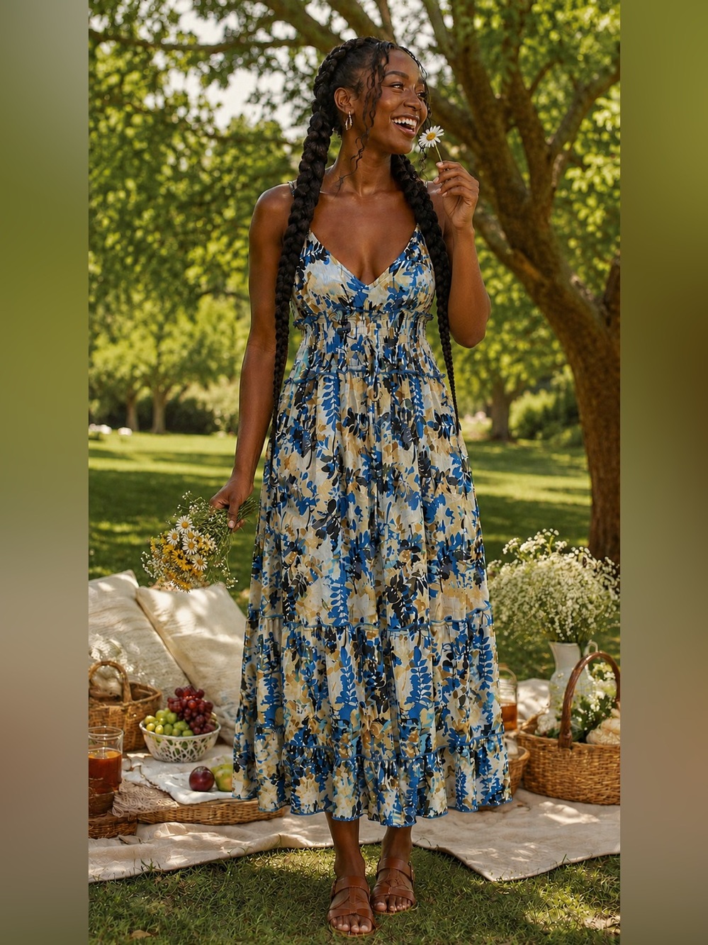 NWT Dreamy Blue Floral Smocked Waist Midi Dress | Cottagecore Romantic Boho